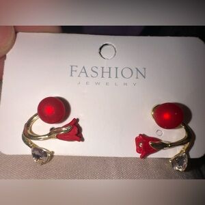 Fashion Jewelry Vibrant Red and Gold Floral Earrings